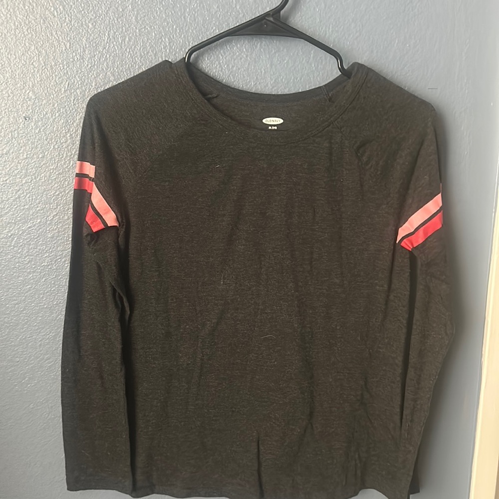 Blackish/Grey long sleeve, Light pink and dark pink stripes on the sleeves, 14